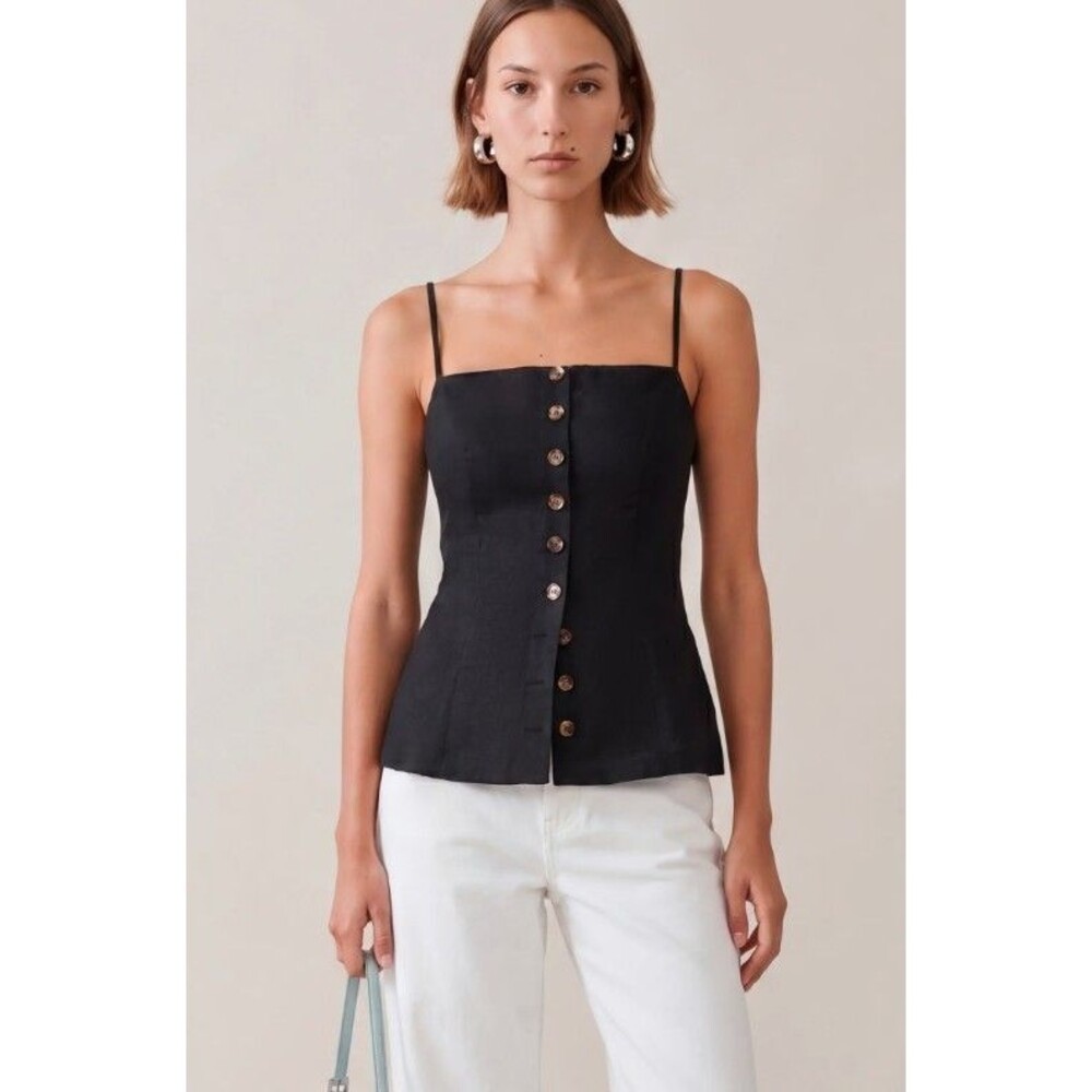 Kourt Cecille Linen Cami Top Women Linen Button Front Spaghetti Strap Black Sz 0
